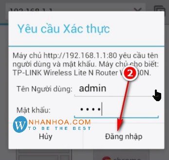 Màn hình điện thoại nhập tên đăng nhập và mật khẩu router TP-Link