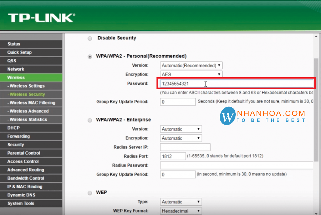 Màn hình điện thoại chọn mục Wireless Security để đổi mật khẩu WiFi