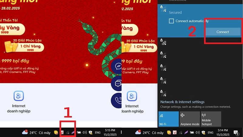 Kết nối Internet cho máy tính qua thanh tác vụ trên Windows