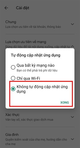 Chọn không cập nhật ứng dụng để tắt tự động cập nhật trên máy tính Android