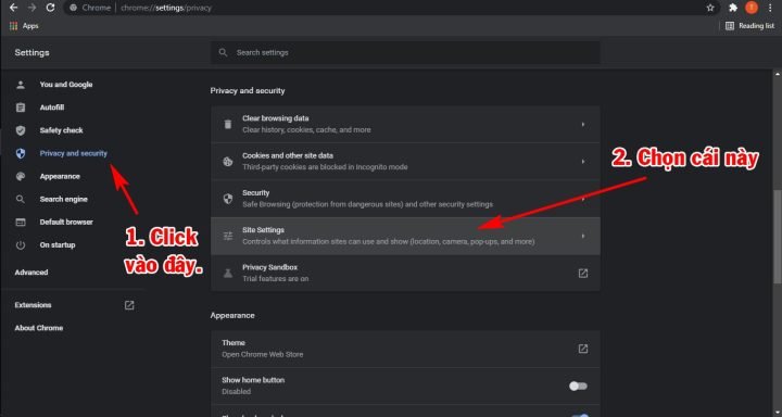 Chọn Quyền riêng tư và bảo mật, sau đó truy cập Cài đặt trang web để kiểm soát thông báo