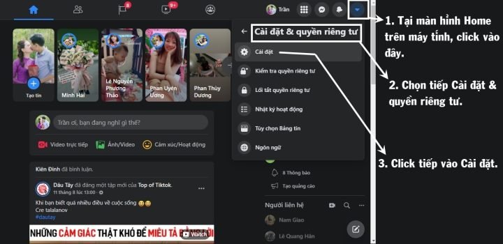 Truy cập vào cài đặt của Facebook để quản lý thông báo trên máy tính