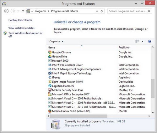 Danh sách chương trình trong giao diện Uninstall or change a program của Windows 8