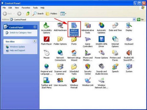 Mục Add or Remove Programs trong Control Panel của Windows XP để gỡ bỏ ứng dụng