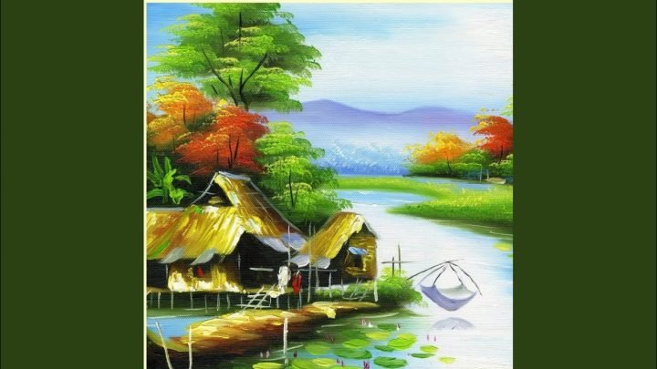 Hình nền máy tính tranh vẽ cảnh quan làng quê thanh bình với những ngôi nhà truyền thống và con đường đất gợi nhớ ký ức tuổi thơ.