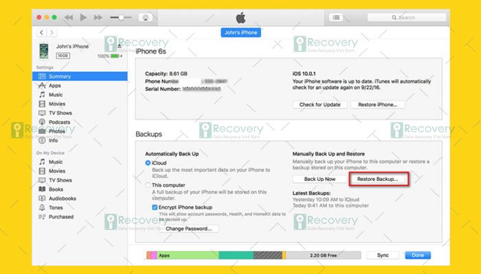 Giao diện iTunes để đồng bộ iPhone với máy tính
