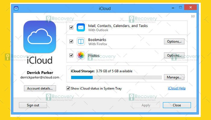 Bảng điều khiển iCloud Control Panel trên máy tính