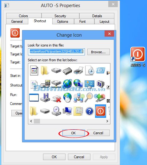 Chọn biểu tượng mới cho shortcut hẹn giờ tắt máy tính