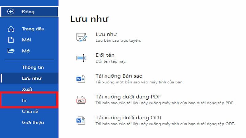 Cửa sổ thiết lập in của Microsoft Word 365 hiển thị các tùy chọn máy in, số lượng bản sao và trang in