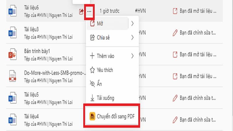 Tùy chọn chuyển đổi file Word sang PDF trong giao diện Microsoft Word 365
