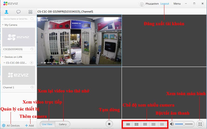 Giao diện chính và các tính năng của Ezviz Studio.