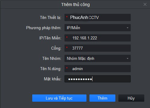 Chọn + Thêm để cấu hình camera Dahua.