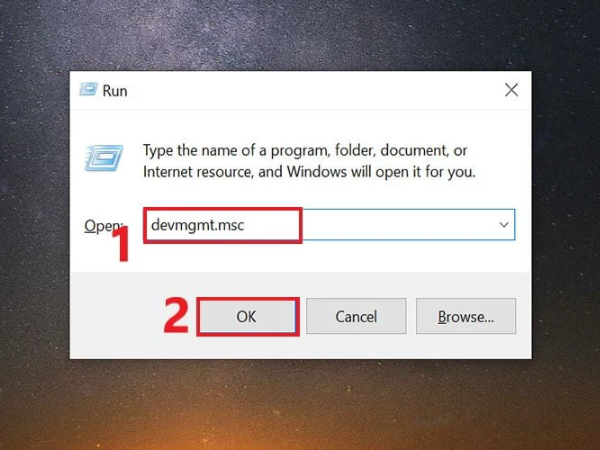 Hộp thoại Run nhập devmgmt.msc để truy cập Device Manager, nơi cập nhật driver âm thanh.