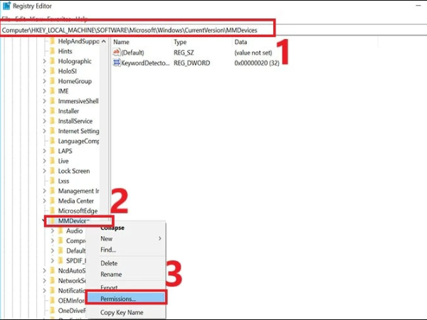 Cửa sổ Registry Editor hiển thị đường dẫn đến mục MMDevices và tùy chọn Permissions để điều chỉnh.