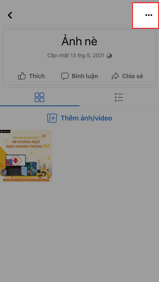 Cách xóa ảnh trên máy tính: Mở album cần xóa và nhấn vào biểu tượng 3 dấu chấm để truy cập tùy chọn chỉnh sửa album