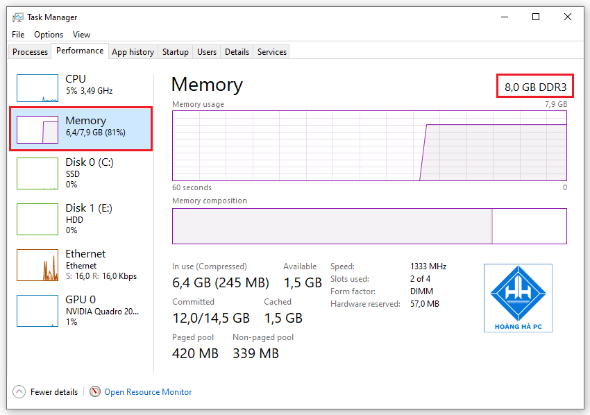 Kiểm tra dung lượng và loại RAM trong Performance của Task Manager