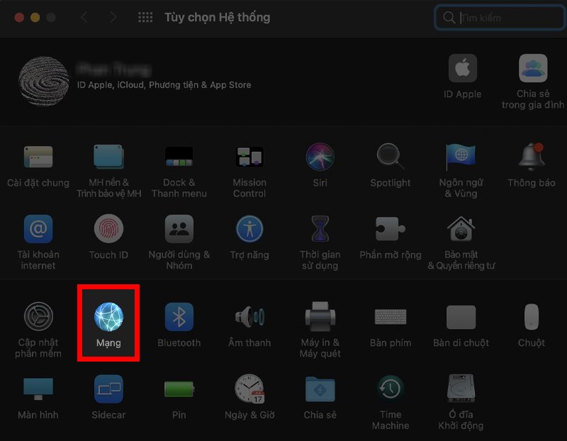 Chọn Network trong System Preferences