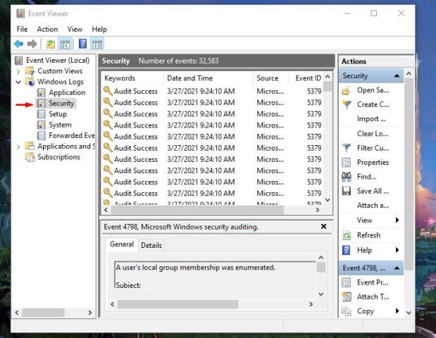 Cửa sổ Event Viewer cho phép xem các lần đăng nhập và thời gian đăng nhập