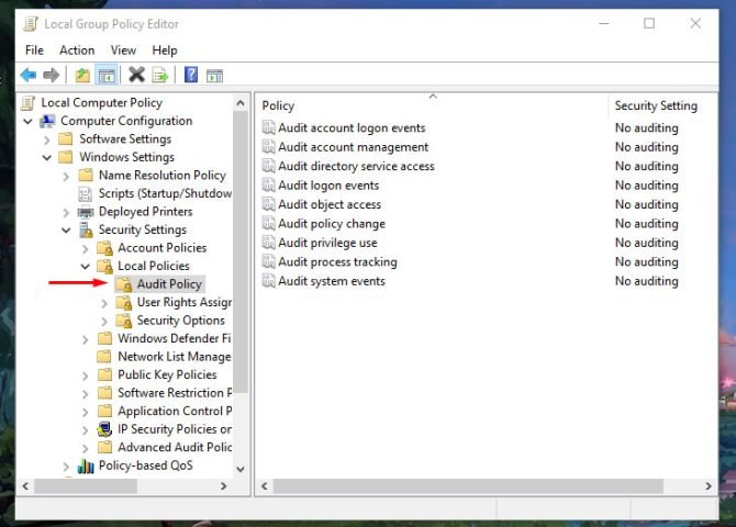 Tìm đến mục Audit Policy trong cửa sổ Group Policy