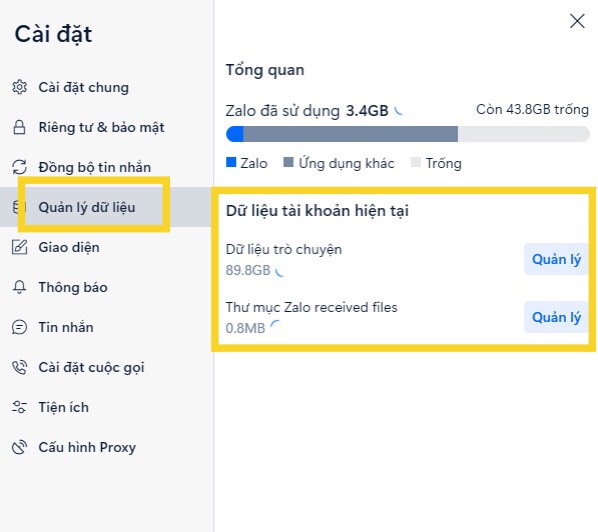 Quản lý dữ liệu Zalo