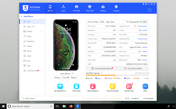 Màn hình chính của phần mềm kết nối máy tính 3uTools cho iOS