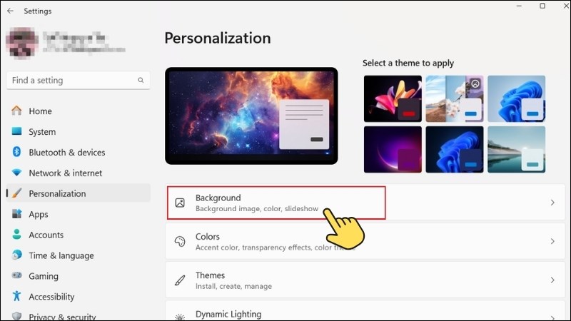 Chọn mục Background trong Personalization của Windows 11 để thay đổi hình nền máy tính đơn giản