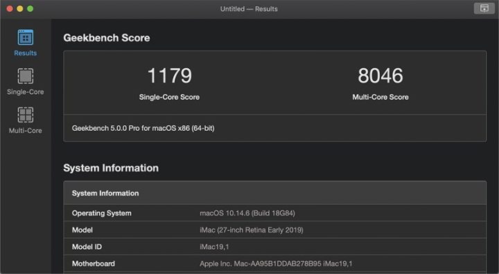 Giao diện Geekbench hiển thị điểm số CPU đơn nhân và đa nhân cùng điểm số OpenCL