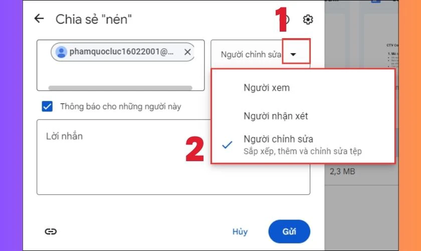 Cấp quyền truy cập khi chia sẻ ảnh dung lượng lớn qua Gmail bằng Google Drive