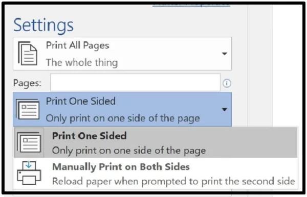 Tùy chọn Print One Sided để in văn bản chỉ trên một mặt giấy