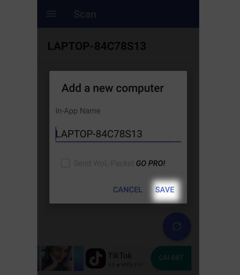Xác nhận lưu cấu hình máy tính đã quét để mở máy tính tay trên máy tính