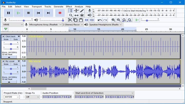 Giao diện phần mềm Audacity hỗ trợ thu âm và chỉnh sửa giọng hát trên máy tính