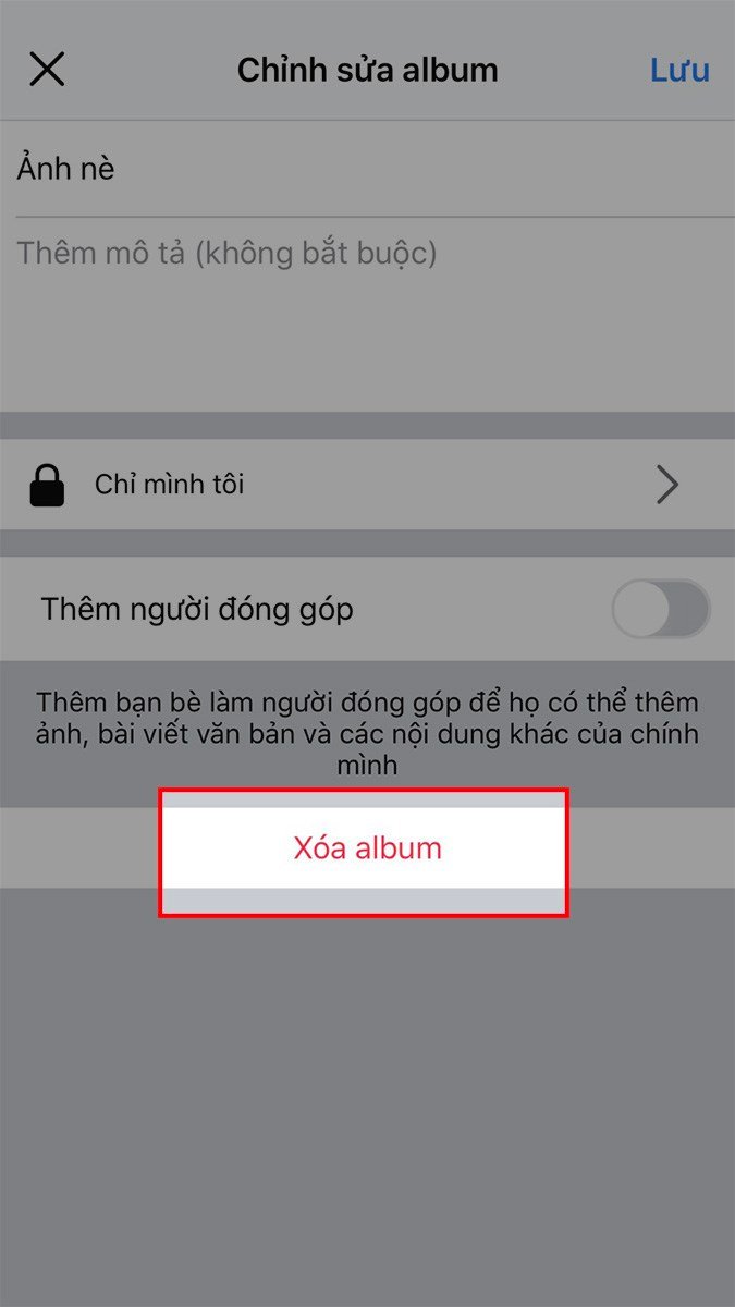 Cách xóa ảnh trên máy tính: Chọn Xóa album trong giao diện chỉnh sửa album để gỡ bỏ toàn bộ album