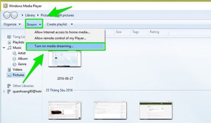 Kích hoạt tính năng Turn on media streaming trong Windows Media Player để chia sẻ DLNA với tivi LG
