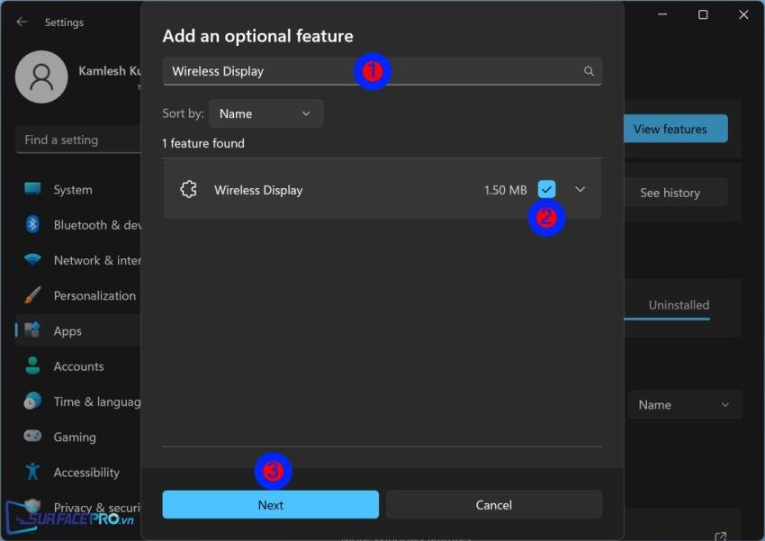 Tìm kiếm và chọn Wireless Display để cài đặt cho Windows 11