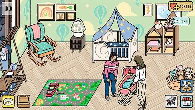 Mở khóa các khu vực mới trong game nuôi mèo trên máy tính Adorable Home như nhà trẻ, phòng tranh
