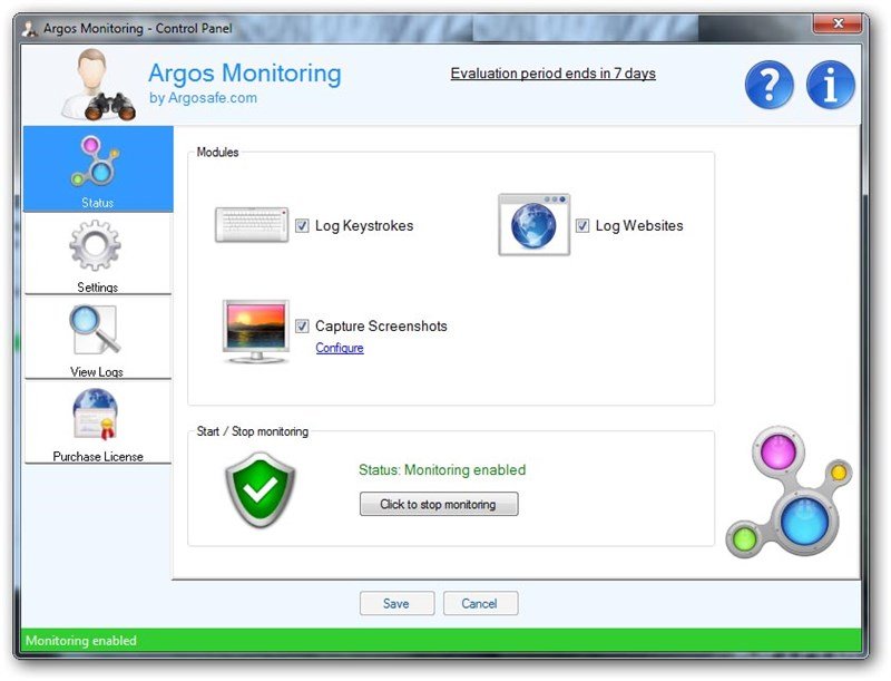 Màn hình giám sát của phần mềm theo dõi máy tính Argos Monitoring