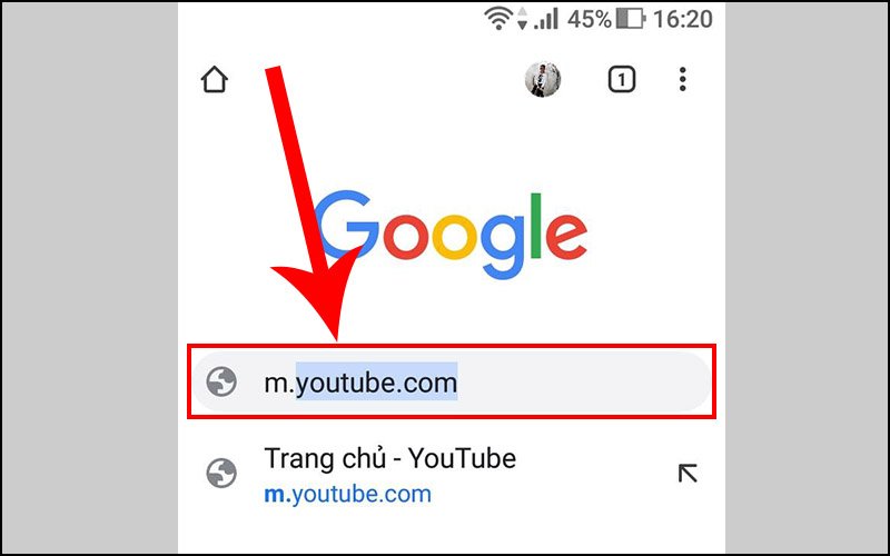 Tìm kiếm địa chỉ YouTube trên thanh công cụ của trình duyệt web.