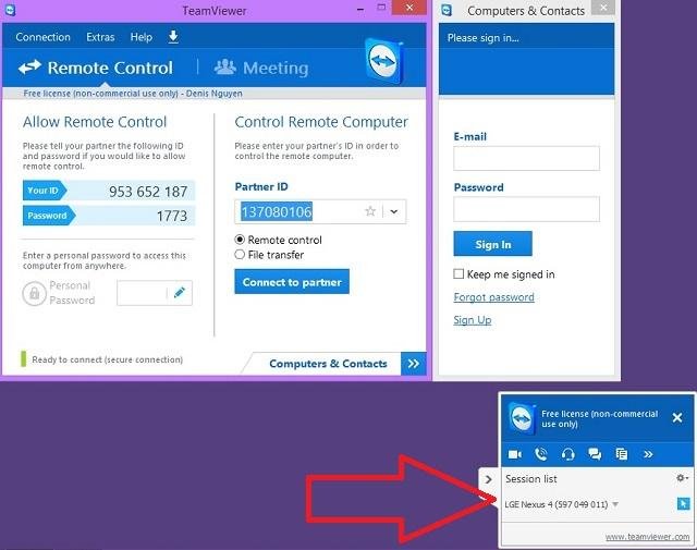 Thông báo kết nối TeamViewer thành công từ thiết bị Android hiển thị trên màn hình máy tính