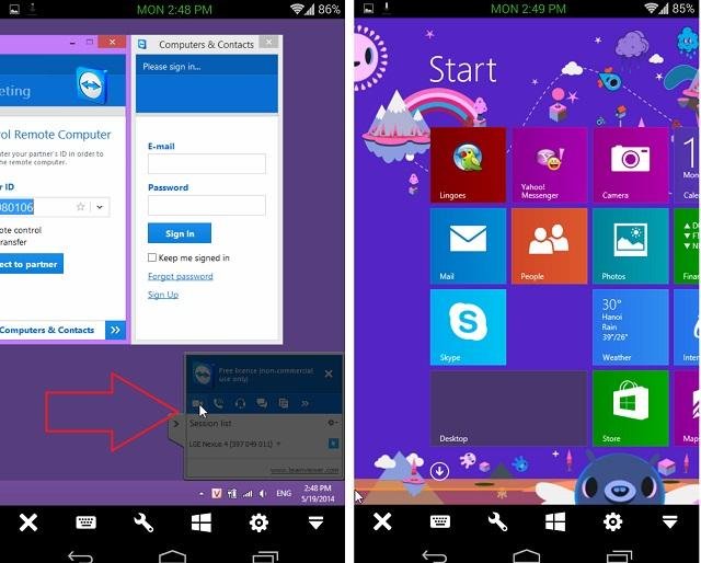 Màn hình máy tính hiển thị giao diện Modern UI của Windows 8/8.1, được điều khiển từ Android