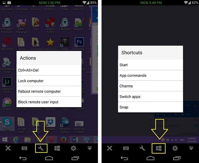Thanh công cụ điều khiển TeamViewer trên thiết bị Android với các tùy chọn chức năng