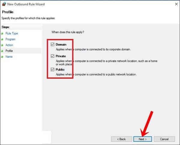 Chọn phạm vi chặn kết nối game: Domain, Private, Public