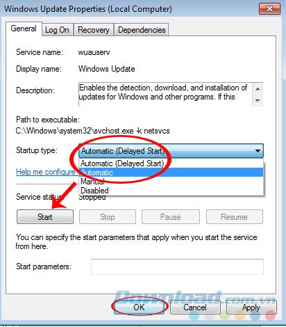 Đặt Startup type thành Automatic cho Windows Update