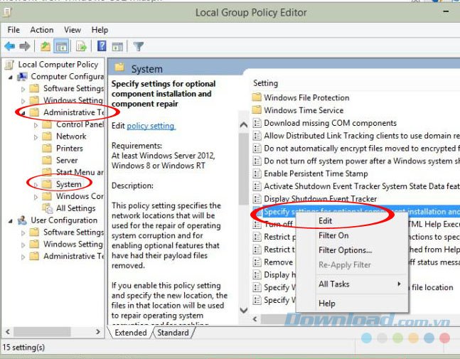 Chỉnh sửa Specify settings for optional component installation and component repair