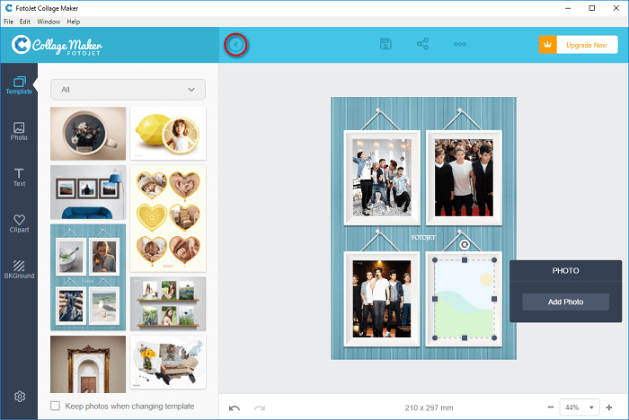 Giao diện của FotoJet Collage Maker với các mẫu template đa dạng