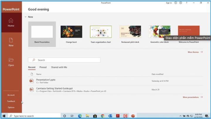 Giao diện phần mềm PowerPoint sau khi tải PowerPoint trên máy tính