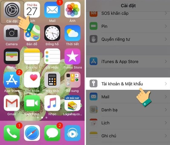 Mở cài đặt, chọn Mail và Tài khoản để gỡ Gmail trên iPhone