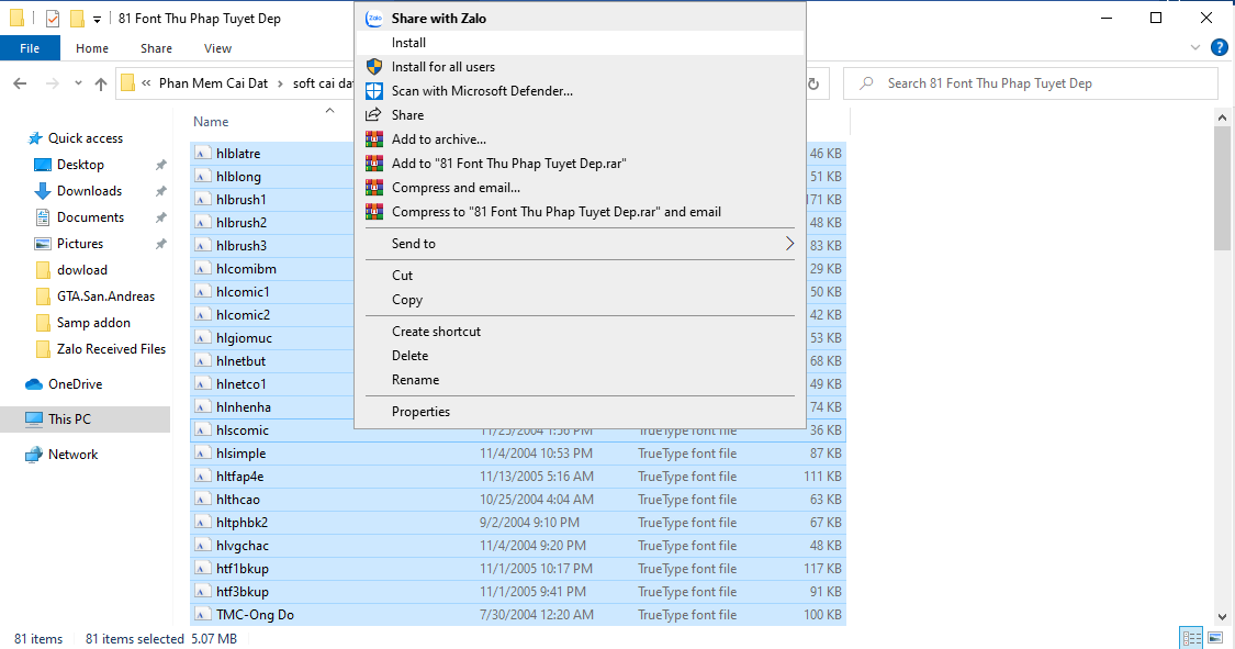 Cài đặt trực tiếp font chữ bằng tùy chọn Install