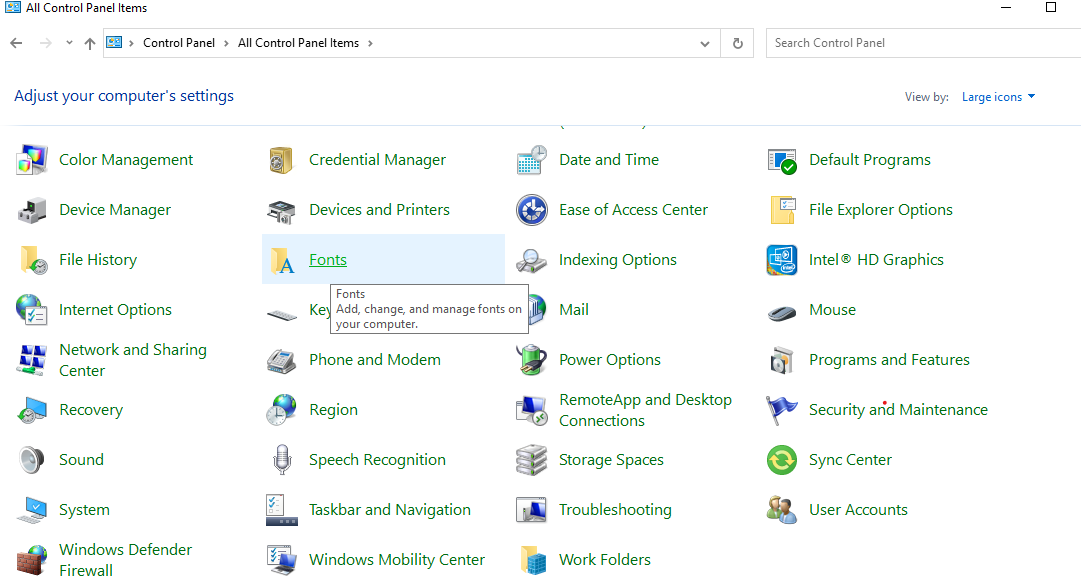 Mở thư mục Fonts trong Control Panel để quản lý font chữ