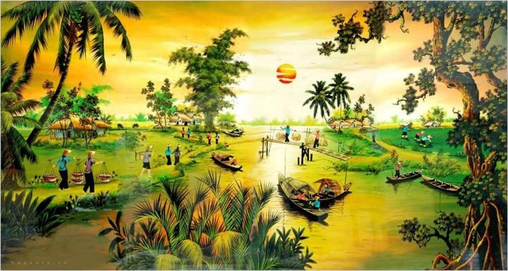 Hình nền máy tính tranh vẽ cảnh quan đồng quê thanh bình với những cây cầu tre và cánh đồng lúa, mang đến sự thư thái cho người nhìn.