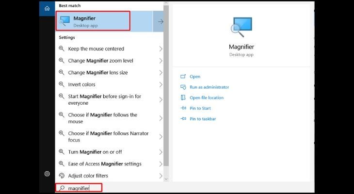 Mở ứng dụng Magnifier trên Windows
